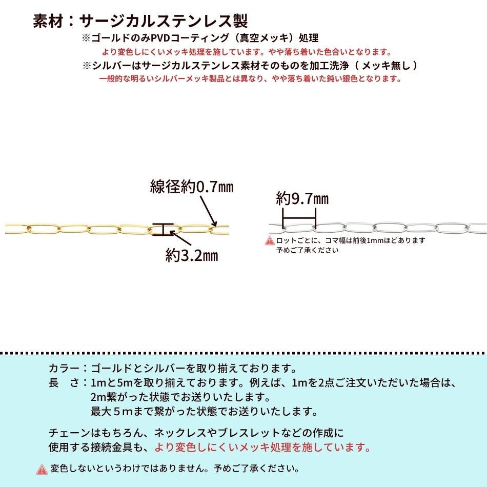［1M×1本］サージカルステンレスデザインBチェーン小［銀シルバー］パーツ金具素材金属アレルギー対応