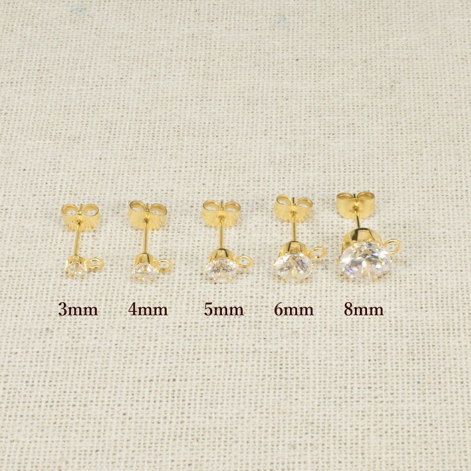 ［4個］サージカルステンレスカン付きジルコニアラウンド5mmピアス［ゴールド金］キャッチ付きパーツ金属アレルギー対応