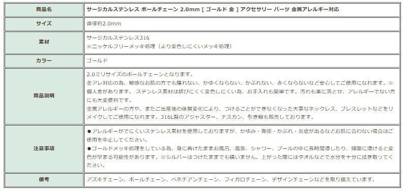 [1M×1本]サージカルステンレスボールチェーン2.0mm[ゴールド金]切り売りチェーンのみパーツ金属アレルギー対応