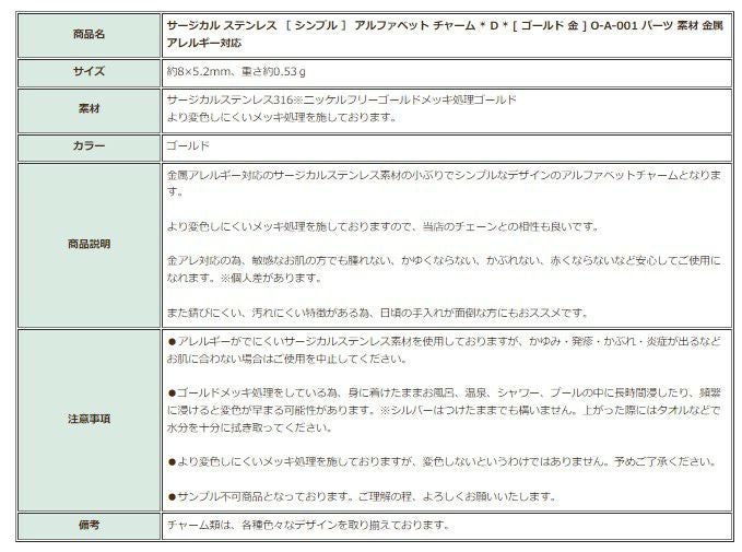 [1個]サージカルステンレス［シンプル］アルファベットチャーム*D*[ゴールド金]O-A-001パーツ素材金属アレルギー対応