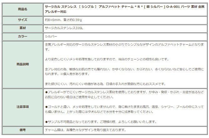 [1個]サージカルステンレス［シンプル］アルファベットチャーム*R*[銀シルバー]O-A-001パーツ素材金属アレルギー対応