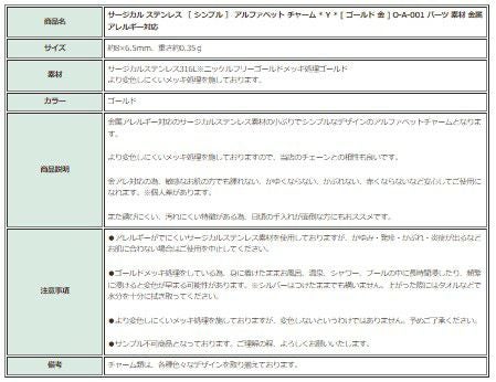 [1個]サージカルステンレス［シンプル］アルファベットチャーム*Y*[ゴールド金]O-A-001パーツ素材金属アレルギー対応