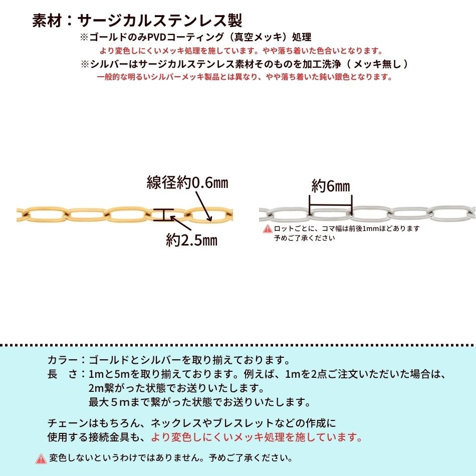 ［1M×1本］サージカルステンレスデザインBチェーン極小［ゴールド金］C2-02長アズキチェーン切り売りチェーンのみ金属アレルギー対応